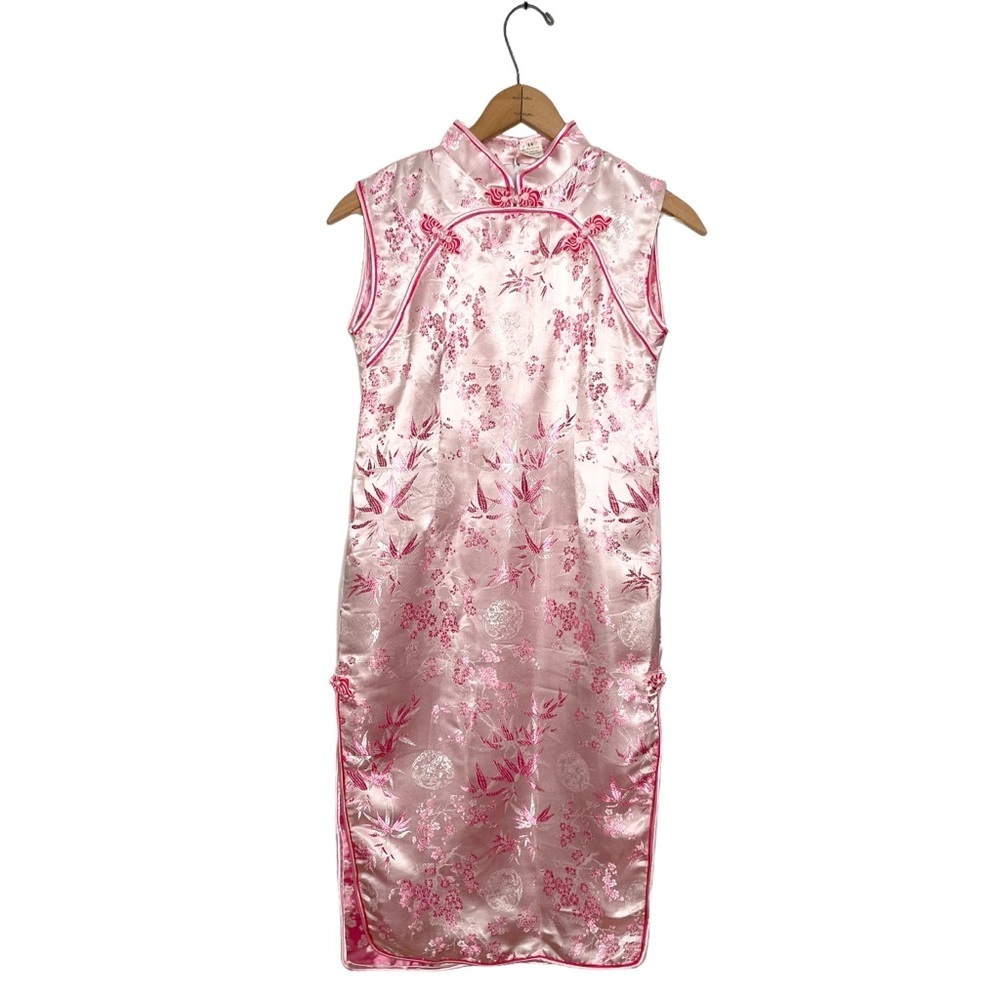 Chinese Satin Sleeveless Cheongsam Pink Floral Mandarin Dress